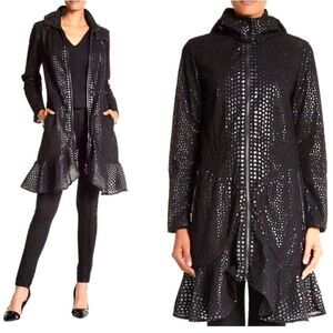ZAC POSEN Women's Black Hooded Perforated Trench Coat Zip Front size L